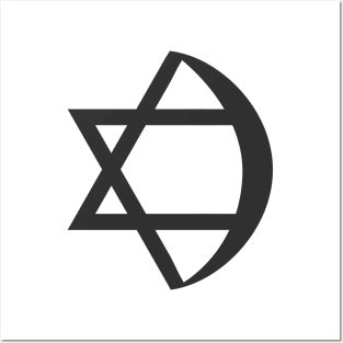 Combination of Star of David with Crescent religious symbols in black flat design icon Posters and Art